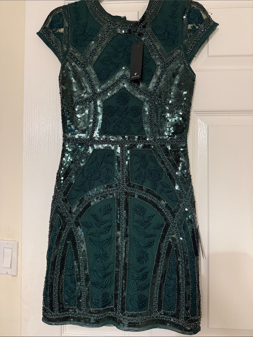 Lulu's Emerald Sequin Embroidered Cap-Sleeve Mini Dress